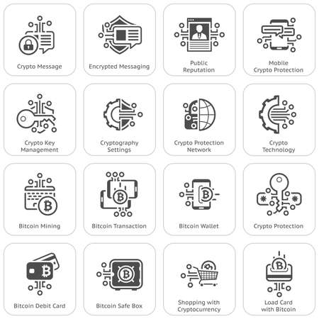 Bitcoin and Blockchain Crypto Protection Technology Icons.のイラスト素材