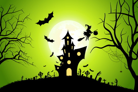 Halloween Background with Whitch and Haunted House, Bats, Moon and Spiderのイラスト素材