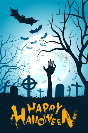 Halloween Background with Hands. Holiday Card with Graveyard, bats, trees, moon and Zombie Hands.のイラスト素材