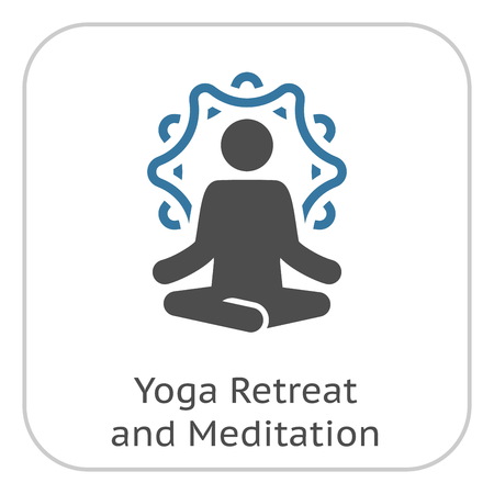 Yoga Retreat and Meditation Icon. Flat Design Yoga Poses with Mandala Ornament in Back. Isolated Illustration.のイラスト素材