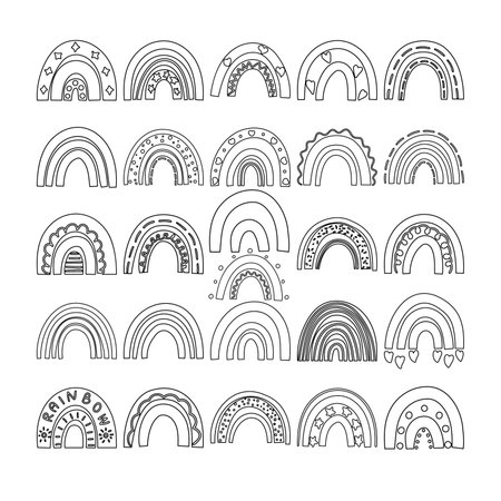 Rainbows Hand Drawn Doodle Line Art Outline Set Containing rainbow, rainbows, arc, bow, crescent, curve, prism, variegation, band of colorのイラスト素材