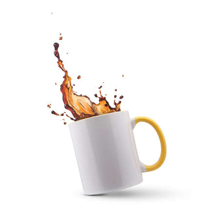 white mug with a yellow handle isolated on white backgroundの写真素材