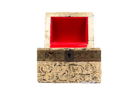 An old golden retro treasure box isolated on white background