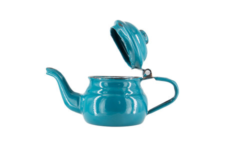 Vintage metal old blue kettle isolated on white backgroundの写真素材