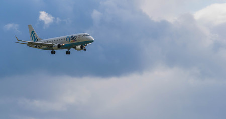 BIRMINGHAM INTERNATIONAL AIRPORT, BIRMINGHAM, UNITED KINGDOM - OCTOBER 28, 2017: a Flybe Airlines aeroplane landing in Birmingham International Airport.のeditorial素材