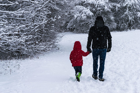 Father walks with his little daughter in forest park during a heavy snowfallの写真素材