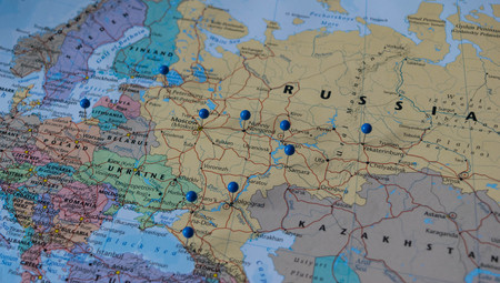 Moscow Pinned with other world cup venue cities in a closeup map for football world cup 2018 in Russiaのeditorial素材