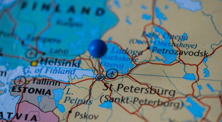 St Petersburg city pinned on a map of Russia among other World cup 2018 venuesのeditorial素材