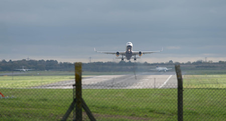 Passenger airplane take off from runwayの写真素材