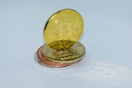 Extreme close up of Golden Bitcoin Coin Bitcoin cryptocurrency. Business concept.