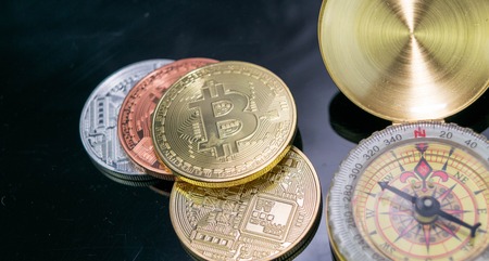 Extreme close up of Golden Bitcoin Coin Bitcoin cryptocurrency. Business concept.の写真素材