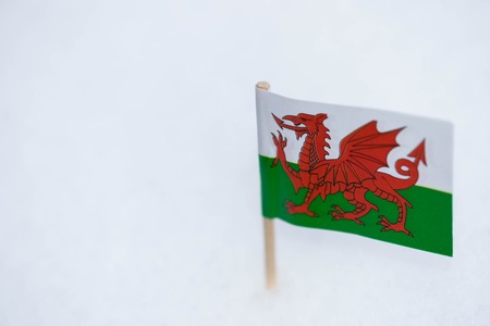 Small Wales flag made from paper with brown toothpick on white snow background.の写真素材