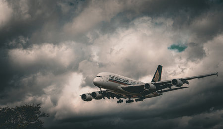 Airbus A380-841 9V-SKQ of Singapore Airlines landing at Heathrow airport. London, UK, July 6, 2024.