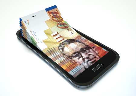 Mobile phone with Israel money isolated on white backgroundの写真素材