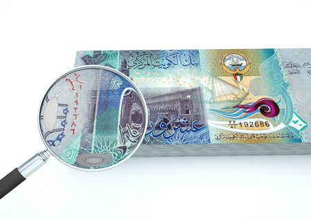 3D Rendered Kuwait money with magnifier investigate currency isolated on white backgroundの写真素材
