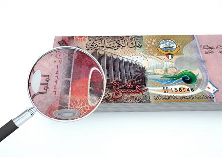 3D Rendered Kuwait money with magnifier investigate currency isolated on white backgroundの写真素材