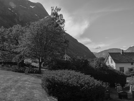small village in a Norwegian fjordの写真素材