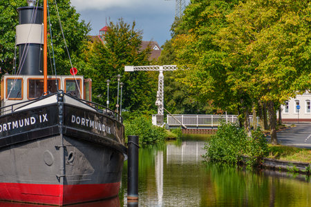Papenburg city at the Ems river in Germanyの写真素材