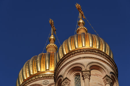 the city of Wiesbaden at the rhine river in Germanyの写真素材