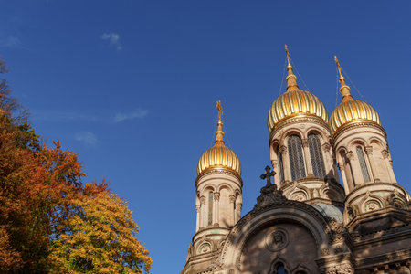 the city of Wiesbaden at the rhine river in Germanyの写真素材
