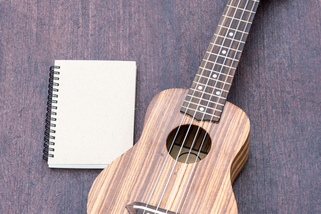 ukulele with the notebook on wood background