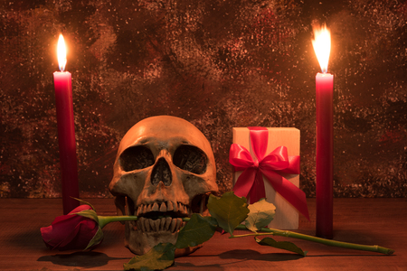 Still life painting photography with human skull, present, rose and candle on wooden tableの写真素材