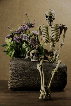 Still life with human skull and flowers, love story set, I'll always love youの写真素材