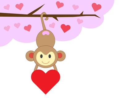 monkey in love on tree with red heart, vector illustrationのイラスト素材