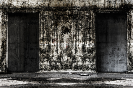 Abandoned building ghost living place with two doors, darkness horror and halloween background conceptの写真素材