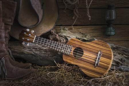 Still life painting photography with ukulele on american west rodeo brown felt cowboy hat and traditional leather boots in vintage ranch barn backgroundの写真素材