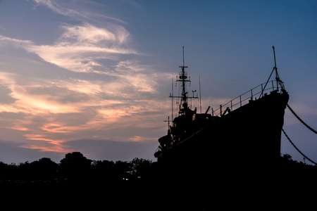 silhouette ship on the ground with twilight sky in thailandの写真素材