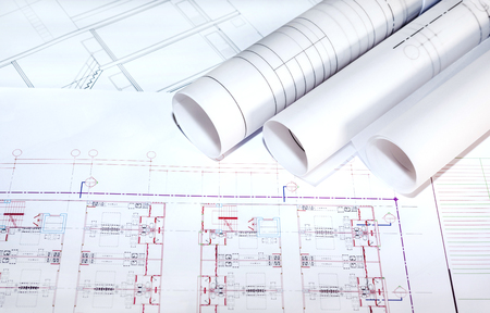 blueprints paper and blueprints rolls, the past of architectural project, construction and renovation conceptの写真素材