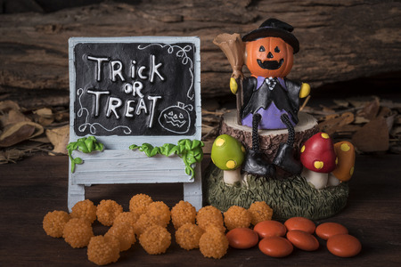 Pumpkin head jack (Jack-o-lantern) in witch suit sitting on a tree with trick or treat board and orange candy over forest backgroundの写真素材