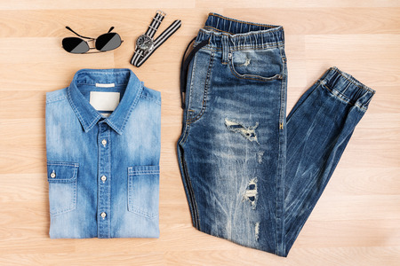 Fashion men and accessories new trendy blue jeans, Top viewの写真素材