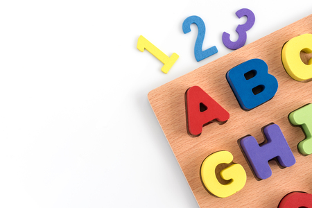 Colorful wood alphabet letters and number (1 2 3) isolated on white paper background with copy space include clipping path for design work, Education kids conceptの写真素材
