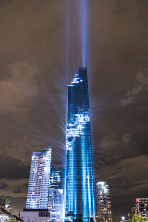 BANGKOK, THAILAND - AUGUST 29, 2016 : Night of lights cityscape for grand opening of Mahanakhon building. The new highest building in Thailand.のeditorial素材