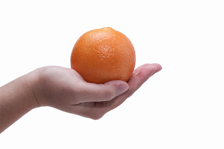 woman hand holding orange isolated on white backgroundの写真素材