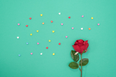 Red rose with glitter hearts on green paper background minimal styleの写真素材
