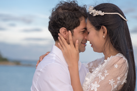 Close up with woman kissing with boyfriendの写真素材