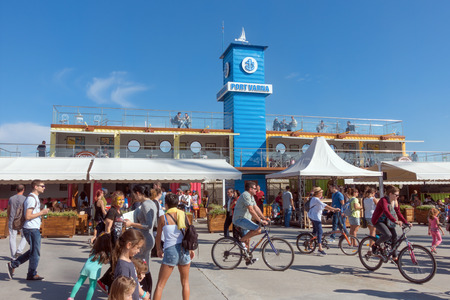 Varna, Bulgaria, October 01, 2016: A lot of citizens walk in the Sea Port of Varna in a bright sunny day.のeditorial素材