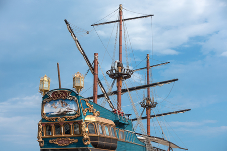 "Mr. Baba" fish restaurant was built in a real size and an original form of XVth century galleon ship. Located on the South Beach of Varna, Bulgaria,の写真素材