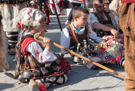 Varna, Bulgaria - April 28, 2018: Young participants of the annual Varna Spring Carnival in their beautiful folk costumes.のeditorial素材