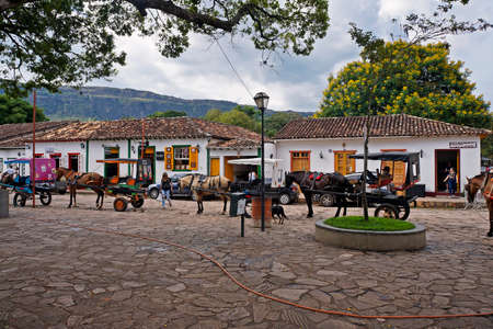 Tiradentes, Minas Gerais, Brazil - January 27, 2020: Tourist carts on public square.のeditorial素材
