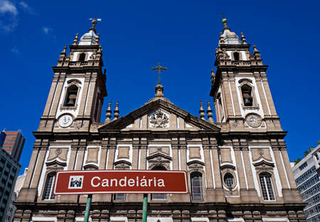 Rio de Janeiro, Brazil - December 30, 2019: Tourist spot indicative plate, Candelaria Church.のeditorial素材