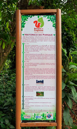 Rio de Janeiro, Brazil - December 21, 2019: Park history (timeline) board at Bosque da Freguesia,...