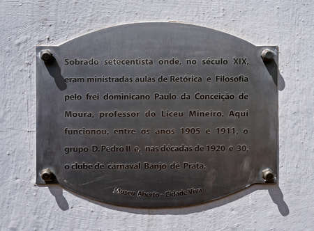 Ouro Preto, Minas Gerais, Brazil - January 9, 2018: Tourist spot indicative plate.のeditorial素材