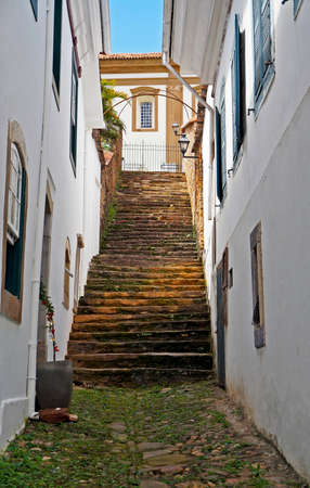 Ancient stone stairway in Ouro Preto, Brazilの写真素材