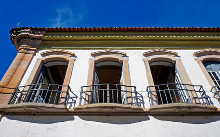 Colonial balconies on facade in Ouro Preto, Brazilの写真素材
