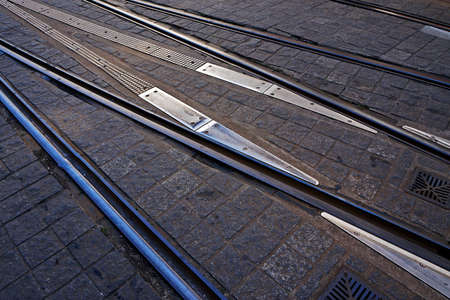 Tram rails on the street, downtown Rio, Brazil