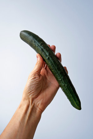 European cucumber on hand in a bright backgroundの写真素材